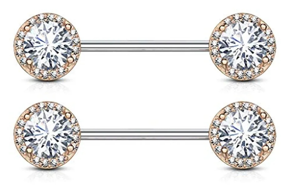 Forbidden Body Jewelry Fancy CZ Halo Frame Surgical Steel Nipple Barbells Set