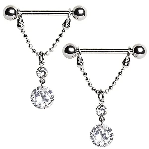 Pierced Owl 14GA Dangling Chain with Two Round Gems 316L Surgical Stainless Steel Nipple Barbell Rings, Sold as a Pair