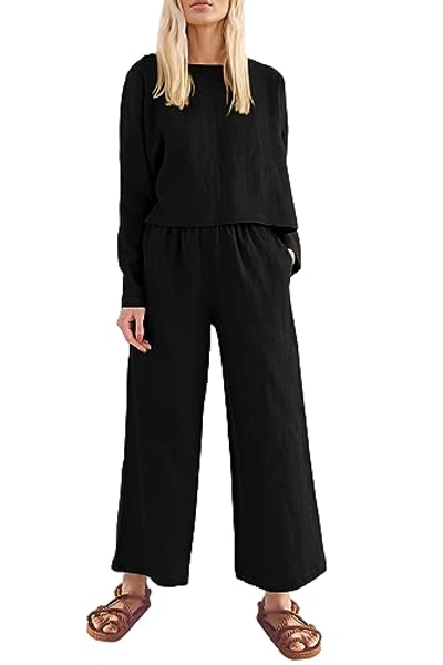PRETTYGARDEN Women's 2024 Fall 2 Piece Outfit Tracksuits Casual Linen Long Sleeve Tops And Wide Leg Pants Lounge Sets