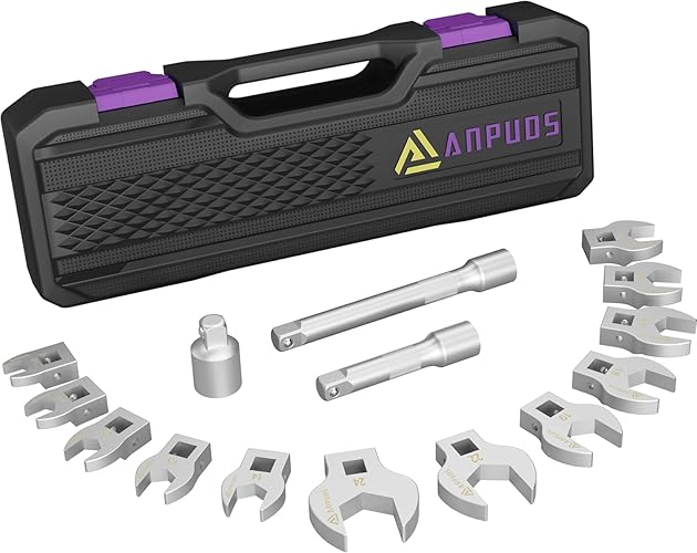 ANPUDS Hahnenfußschlüssel, 15-tlg. 3/8" V-Typ Drehmoment Gabelschlüssel Satz Metrisch, Maulschlüssel Set mit 75/125mm Verlängerungsstange 1/2''-3/8'' Adapter Tragbare Aufbewahrungsbox - 15-tlg. - 3/8''