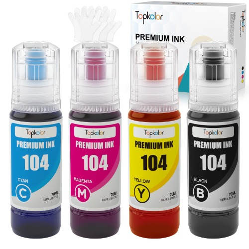 Topkolor 104 Tintenflasche für Epson 104 Ecotank Tinte kompatibel mit Epson EcoTank ET-2710 ET‑2711 ET-2712 ET-2714 ET-2715 ET-2720 ET-2721 ET-2726 ET-470 0 Drucker Nachfüll-Set, 4 Flaschen