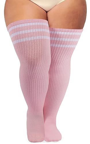 Ancrina Plus Size Thigh High Socks for Women Thick Thighs Cotton Knit Extra Long Over the Knee Leg Warmer - Baby Pink & White Stripe - One Size Plus