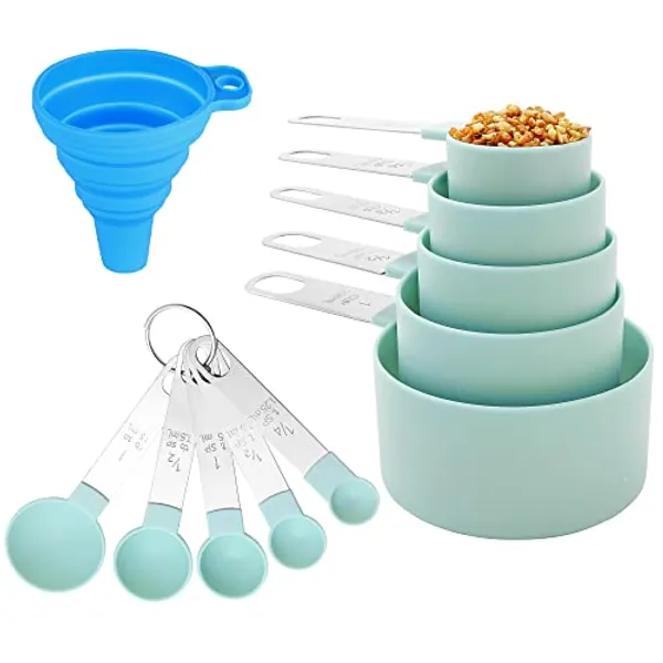 Measuring Cups and Spoons Set of Huygens Kitchen Gadgets 10 Pieces, Stackable Stainless Steel Handle Measuring Cups for Measuring Dry and Liquid Ingredient (Lake blue)