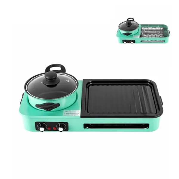 Hot Pot with Grill, Electric Hot Pot and Frying Pan, Detachable Shabu Shabu Pot with Grill, 3 in 1 Indoor NonStick Korean BBQ Grill, Dual Temperature Control, Fast Heating (Green)