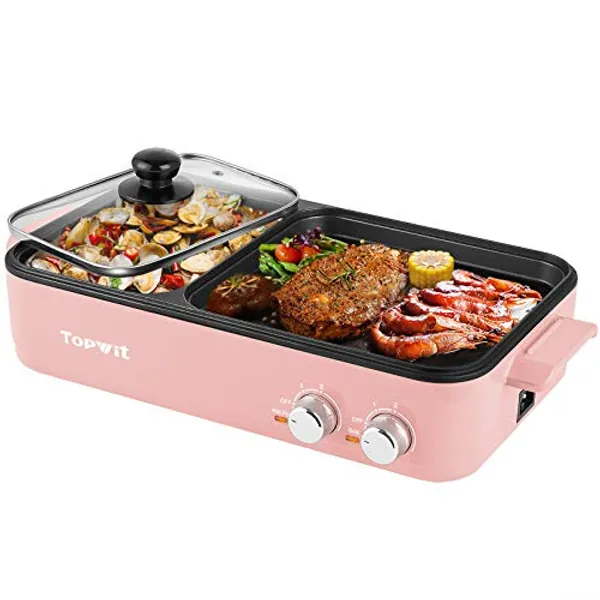 Topwit Hot Pot Electric with Grill, 2 in 1 Indoor Non-stick for Steaks, Shabu Shabu, Noodles, Simmer and Fry, Korean BBQ Grill, Independent Dual Temperature Control, Pink