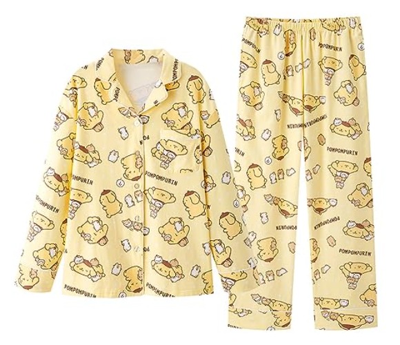 WANHONGYUE Kawaii Cartoon Pajamas for Women Girls Long Sleeve Shirt with Pj Pants Sleepwear Home Wear 2 Piece Pajama Sets - Large - Yellow