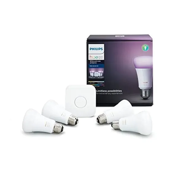 
                            Philips Hue White and Color Ambiance A19 60W Equivalent LED Smart Bulb Starter Kit (4 A19 Bulbs and 1 Hub Compatible with Amazon Alexa Apple HomeKit and Google Assistant)
                        