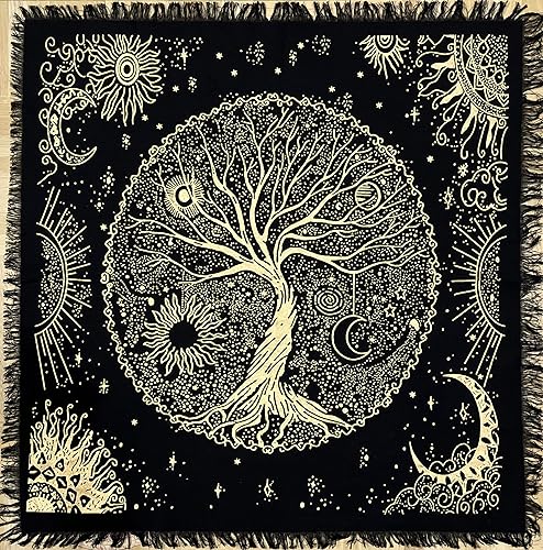 Indian Consigners Altar Cloth Witchraft Witchery Tablecloth Alter Sacred Table Cover Spiritual SquareSpell Witch Tarot Spread - 18 x 18 inch (Square) - Golden Sun Tree Moon