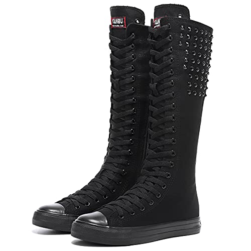 Momuk Long Rivet Knee High Canvas Boots Punk Style for Women & Girls - 8.5 - Black