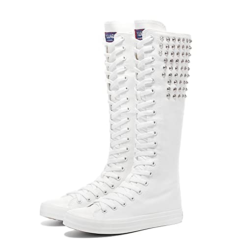 Momuk Long Rivet Knee High Canvas Boots Punk Style for Women & Girls - 8.5 - White