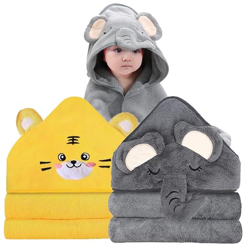 ROXANEPIG 2 Pack Hooded Baby Towels - Premium Ultra Soft Organic Baby Bath Towel – Absorbent and Hypoallergenic Towels for Baby Boy Girl, Toddler, Newborn Essentials (Elephant & Tiger)