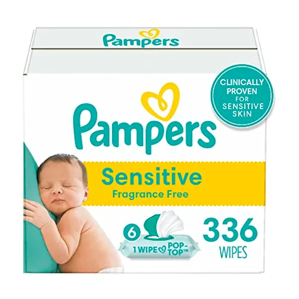 Pampers Baby Wipes Sensitive Perfume Free 6X Pop-Top Packs 336 Count - Fragrance Free - 336 count (Pack of 1)