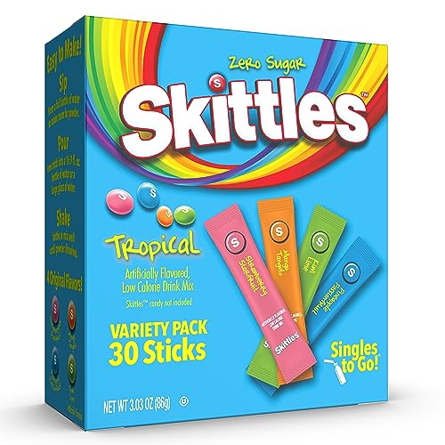 Skittles Singles To Go Tropical Flavors Variety Pack, Powdered Drink Mix, Includes 4 Flavors, Strawberry Starfruit, Mango Tangelo, Kiwi Lime, Pineapple Passionfruit, 1 Box (30 Single Servings) - Drink Mix