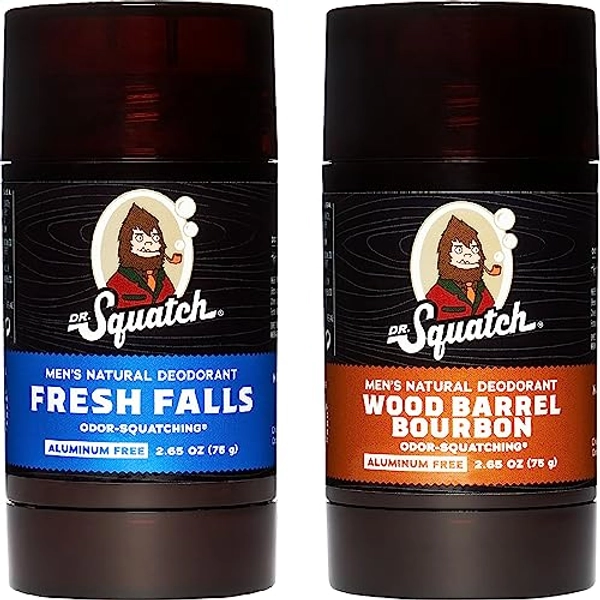 Men's Natural Deodorant - Aluminum-Free Deodorant from Dr. Squatch - Natural Deodorizer - made w/postbiotics & charcoal - Deodorant for Men - Fresh Falls and Wood Barrel Bourbon (2 Pk)