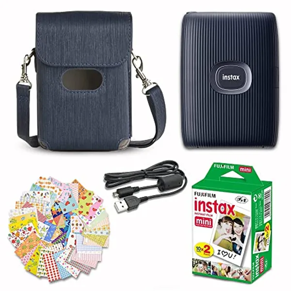 Fujifilm Instax Mini Link 2 Smartphone Printer Space Blue + Fuji Film Value Pack (20 Sheets)+ Shutter Accessories Bundle, Incl. Protective Case, 20 Sticker Frames, USB Cable
