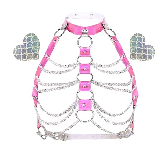 Rave Hologram Body Chest Harness Cage Bra Choker Chain Belts Body Costume with Pasties for Music Festival Roleplay Clubwear - Pink