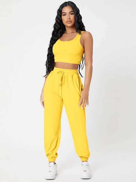 SHEIN PETITE Solid Crop Tank Top And Joggers Set