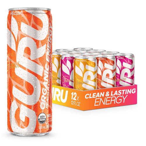 GURU Organic Energy Drinks Punch Variety Pack, Clean Energy Drink with Plant Based Natural Caffeine from Green Tea + Focus with L-Theanine and CognatIQ, Gluten Free and Vegan, 12oz (Pack of 12) - Punch Variety Pack - 12 Fl Oz (Pack of 12)