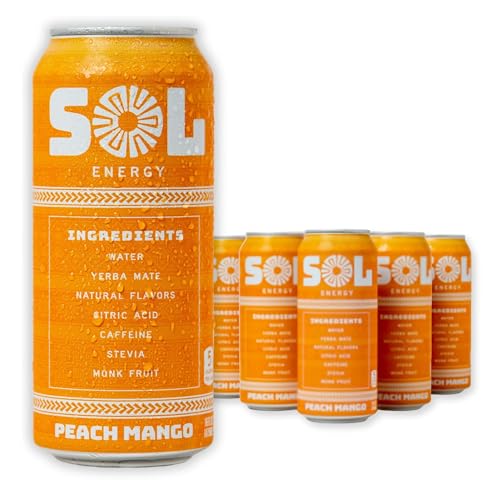 Sol Energy Drinks Sugar Free Yerba Mate - Delicious Peach Mango Flavor, 5 Calories, Zero Sugar Energy Drinks, Naturally Sweetened with Monk Fruit, 150mg of Caffeine - 16oz cans (Pack of 6) - Peach Mango - 6 Pack