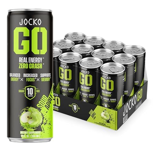 Jocko GO Energy Drink - KETO, Vitamin B12, Vitamin B6, Electrolytes, L Theanine, Magnesium- All Natural Energy Boost, Sugar Free Nootropic Monk Fruit Blend - 12 Pack (Sour Apple Flavor) - Sour Apple