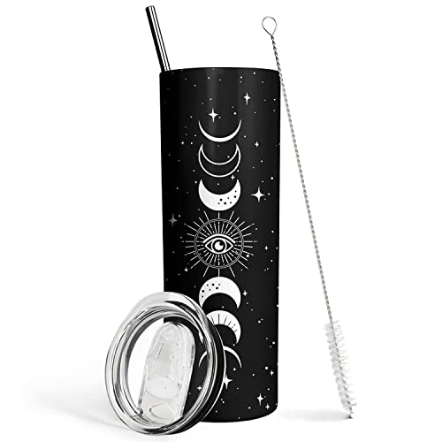 Goth Moon Tumbler with Lid and Straw, Moon Phase Gothic Decor, Black Vacuum Insulated Stainless Steel 20 Oz Witchy Tumbler Cup- Halloween Spooky Gifts for Women, Goth Witch Stuff Coffee Travel Mug - Gothic Moon Phase