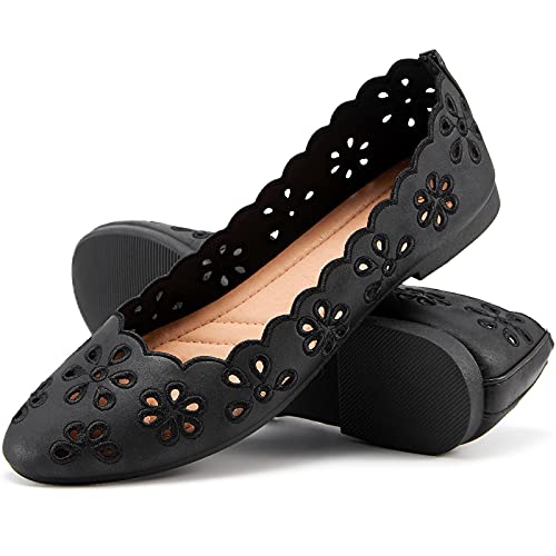 Women's Ballet Flats Black PU Leather Dress Shoes Comfortable Round Toe Slip on Flats with Floral Eyelets - 8 - Black