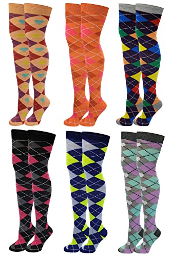 SUMONA 6 Pairs Pack Women Multi Neon Color Fancy Design Thigh High Over the Knee Socks Stockings - 9 to 11 - 6 Pairs Argyle