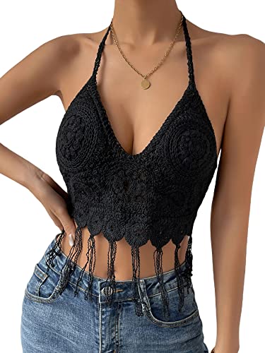 SHENHE Women's Crochet Push Up Bikini Tops Sleeveless Tassel Trim Halter Cami Tank Crop Tops - Medium - Black