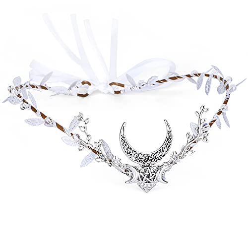 MOSTORY Sliver Moon Elf Headpiece Woodland Forest Crown Headband Fairy Goddess Hair Accessory Queen Circlet Tiara Halo Cosplay Costume for Women Girls Halloween Renaissance Birthday - Silver