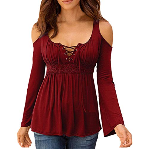 MOONCOLOUR Women's Cold Shoulder Lace Up Casual Tunic Solid Blouse Tops - #0705_burgundy - Small