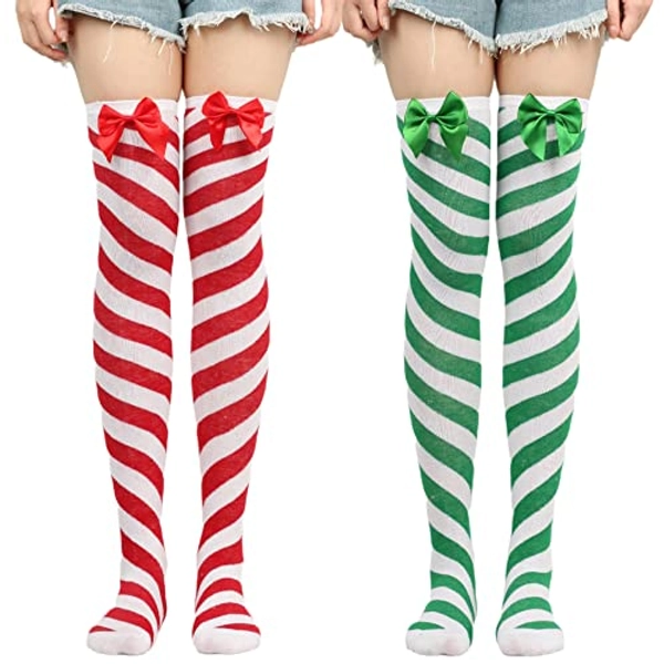 WODECASA Women Striped Over Knee Socks Bowknot Cotton Extra Long Christmas Stockings Cosplay Party Costumes Leg warmer