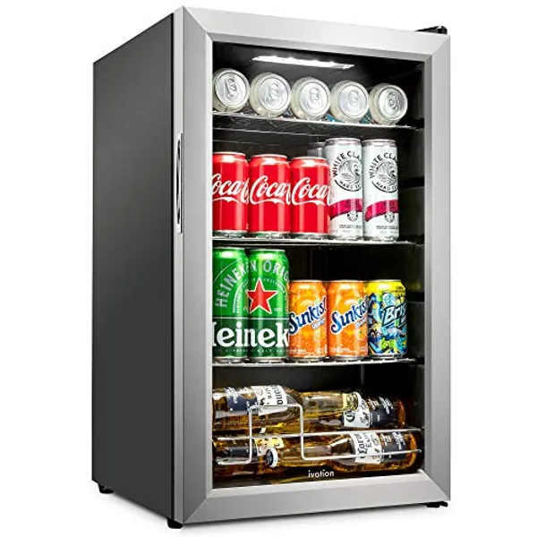 Ivation 101 Can Beverage Refrigerator | Freestanding Ultra Cool Mini Drink Fridge | Beer, Cocktails, Soda, Juice Cooler for Home & Office | Reversible Glass Door & Adjustable Shelving, Stainless Steel
