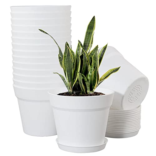 WOUSIWER 16 Pack 6 inch Plastic Planters for Indoor Flower Pots, Heavy Duty and Stylish 6 Inch Plant Pots for Indoor Plants with Drainage Holes and Tray for Plants, Flowers, White - White