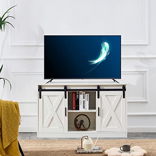 Meihua 47 Inch Farmhouse TV Stand Sliding Barn Door, Wood Entertainment Center for TV up to 65 Inch with Storage Cabinets, Mid Century Modern Console Table for Living Room Bedroom (White) - White