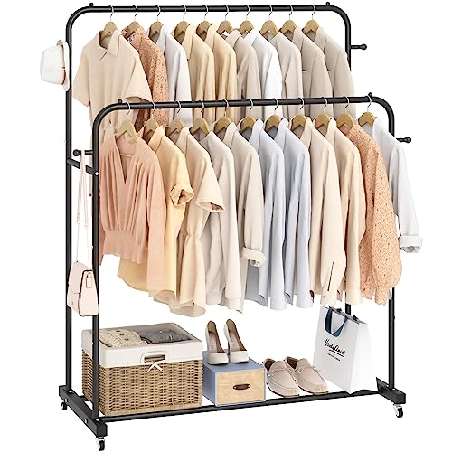 Laiensia Double Rods Garment Rack with Wheels, Clothing Rack for Hanging Clothes,4 Hooks, Multi-functional Bedroom Clothes Rack, Black - Black