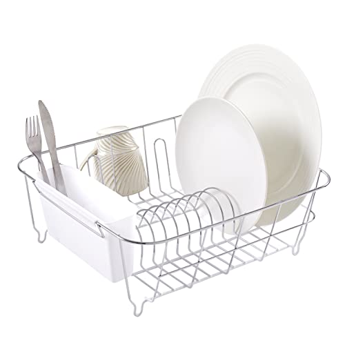 Sweet Home Collection Metal 2 Piece Dish Drying Rack Set Drainer with Utensil Holder Simple Easy to Use Fits in Most Sinks, 14.5" x 13" x 5.25", White - White