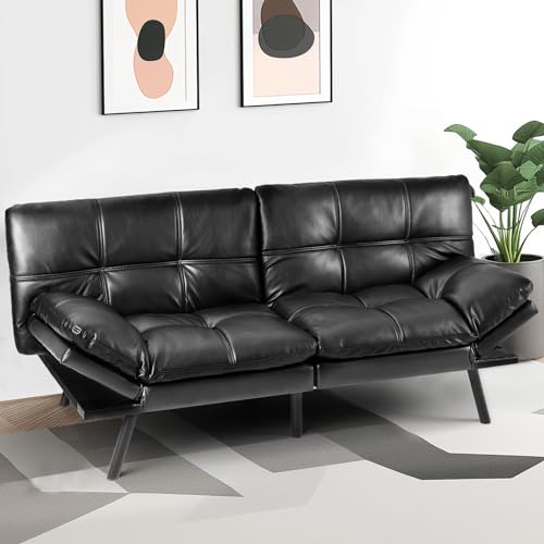 Futon Sofa Bed, Faux Leather Convertible Couch Memory Foam Loveseat Sofa, Small Splitback Sofa Sleeper for Living Room, Office, Black - Modern - Black