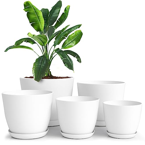 Utopia Home - Plant Pots with Drainage - 7/6.6/6/5.3/4.8 Inches Home Decor Flower Pots for Indoor Planter - Pack of 5 Plastic Planters, Cactus, Succulents Pot - White - Pack of 5 - White