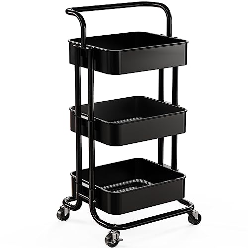 Pipishell 3 Tier Mesh Utility Cart, Rolling Metal Organization Cart with Handle and Lockable Wheels, Multifunctional Storage Shelves for Kitchen Living Room Office Black - Black