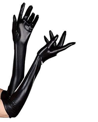Luwint Women Sexy Wet Look Black Long Gloves for Costume Cosplay Photoshoot - Black