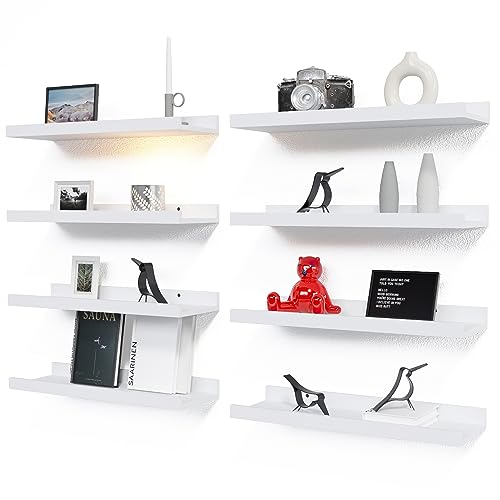 RICHER HOUSE 8 Set Floating Wall Mounted Shelves, Nursery Hanging Book Shelves with Lip for Storage, White Display Picture Ledge Shelf for Bedroom Bathroom Kitchen Living Room Wall Decor, Modern White - White - 8pcs*15.70in