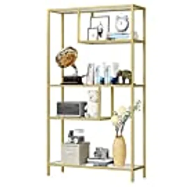HOME BI Bookshelf,4 Tier Metal Frame Bookcase, Tall Book Shelf ,Open Display Shelves for Office, Study Room, Living Room,Gold 13" D x 39.37" W x 70.08" H