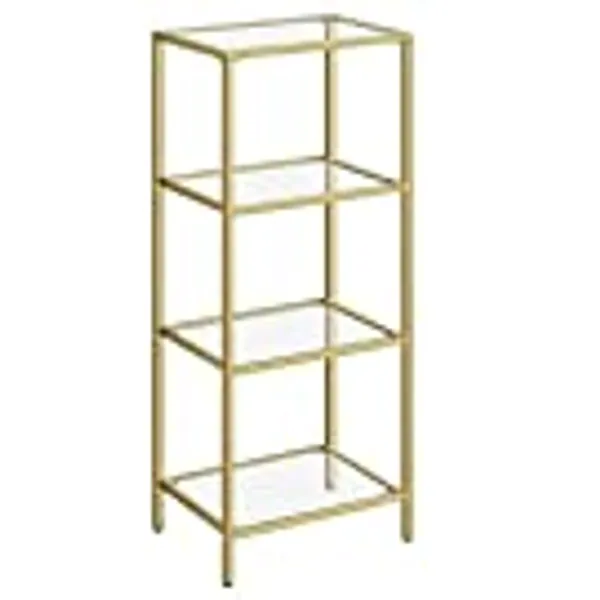 VASAGLE Bookcase, 4-Tier Bookshelf, Slim Shelving Unit, Tempered Glass, Steel Frame, Gold ULGT28G