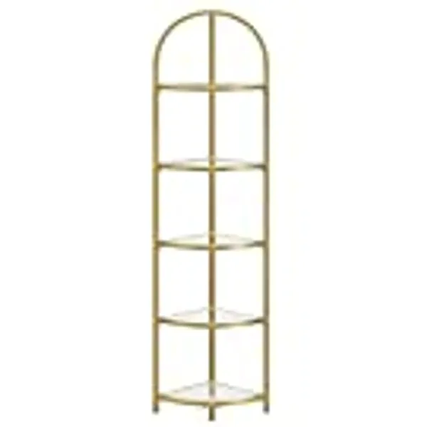 VASAGLE Corner Shelf Stand, 5 Tier Corner Bookshelf, Tempered Glass Shelves, Modern Style, Plant Stand with Steel Frame for Living Room, Bedroom, Kitchen, Bathroom, Golden Color ULGT810A01