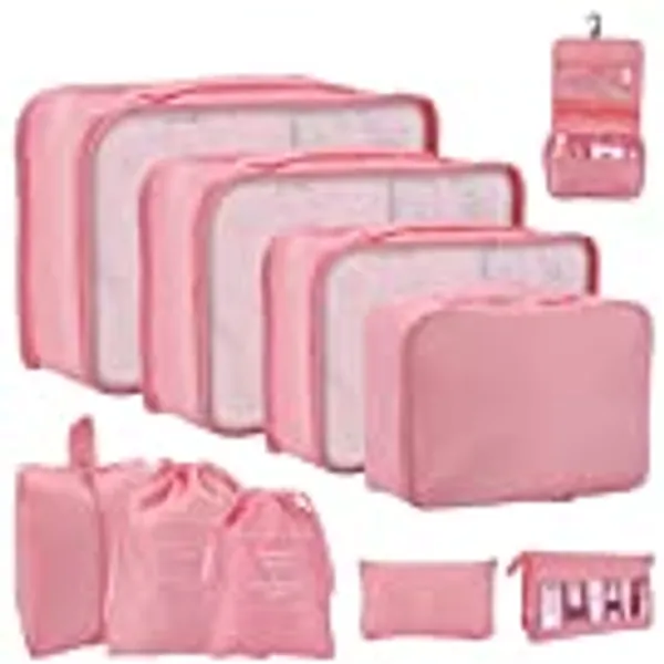 KKUYT Travel Packing Cubes 10 Set Ultralight Travel Luggage Organizer Packing Organizer with Hanging Toiletry Bag & Cosmetic Bag Fordable Luggage Storage Bag Clothing Sorting Packages for Suitcase(Pink)