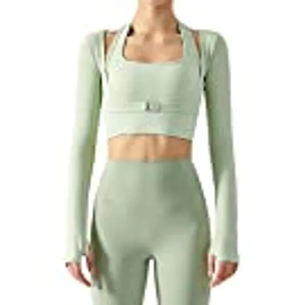 FEOYA Women's Cutout Workout Crop Top Padded Long Sleeve Halter Sports Bra Top 2-in-1 Yoga Gym Shirts with Thumbhole