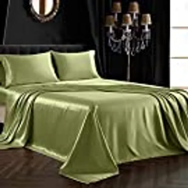 SiinvdaBZX 4Pcs Satin Sheet Set Queen Size Ultra Silky Soft Sage Green Satin Queen Bed Sheets with Deep Pocket, 1 Fitted Sheet, 1 Flat Sheet, 2 Envelope Closure Pillowcases