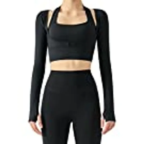 FEOYA Women's Cutout Workout Crop Top Padded Long Sleeve Halter Sports Bra Top 2-in-1 Yoga Gym Shirts with Thumbhole