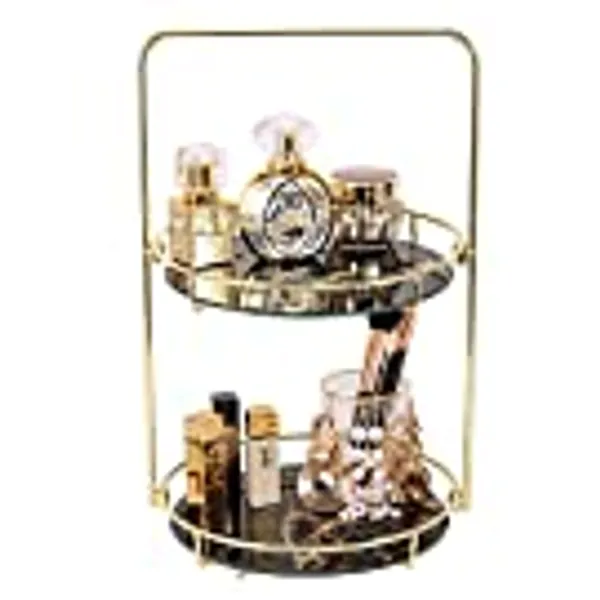 PLINRISE Makeup Organizer, 2 Tier Bathroom Cosmetic Storage Shelf for Dresser and Countertop, Decorative Wire Vanity Organizer Basket with Marbling Glass Tray (Round)