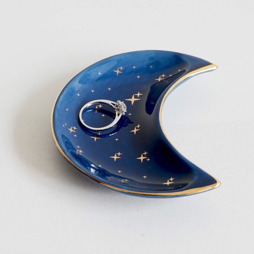 BIHOIB Small Moon Jewelry Dish Tray, Decorative Ceramic Trinket Dish, Modern Accent Tray for Vanity, Blue - Blue